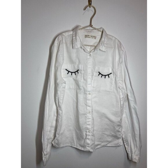 Zara Girls White Long Sleeve Button Down Shirt Eyelashes Size 13/14 - Picture 5 of 10
